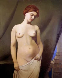 Vrouwelijk naakt, groen gordijn