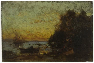 Boot en zeilboten, zonsondergang. Op de keerzijde: Marine