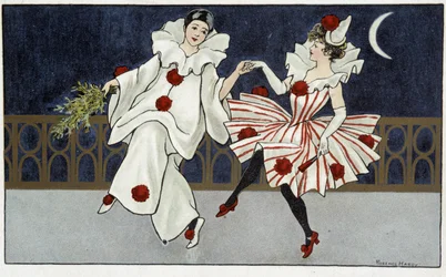Pierrot en Colombine dansen in het maanlicht - tekening van Florence Hardy, begin 20e eeuw