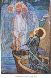 Drie engelen dragen de Heilige Graal (Sir Galahad) (kleurenlitho)