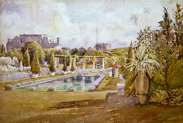 Een uitzicht op de tuin van een kasteel in Frankrijk