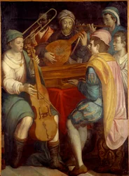 Concert. Luitmuzikanten, epinette, trombone en viola da gamba. Anoniem schilderij van de Florentijnse School 1550-1600