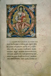 Verlichte pagina met Christus in Majesteit en symbolen van de evangelisten (Cod. Calci, ms. 36, c. 120)