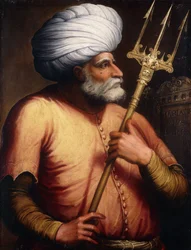 Portret van Khair el-Din Barbarossa, halflang, met een drietand