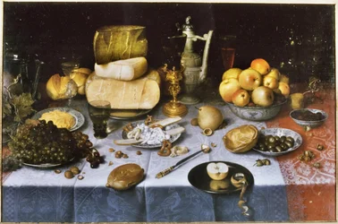 Dutch: Pronkstilleven met vruchten, kazen, brood en wijn Laid Table with Cheese and Fruit