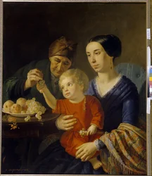 Familieportret (Een baby met een rammelaar op de schoot van zijn moeder krijgt druiven van zijn grootmoeder)