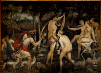 Diana (Artemis), godin van de jacht, en Actaeon, jager. Schilderij van de School van Fontainebleau (16e eeuw). Afmetingen 2,65 x 3,67 m
