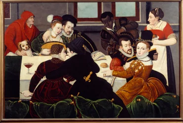 De galante maaltijd Paren omhelsd, een dienaar met zwarte huid. Schilderij van de School van Fontainebleau. 16e eeuw Aix en Provence, Musee Granet