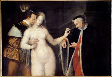 De vrouw tussen twee leeftijden. Scène met een prostituee die wordt het hof gemaakt door twee mannen van verschillende leeftijden. Schilderij van de School van Fontainebleau. 1588, Rennes, Museum voor Schone Kunsten