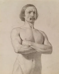 Academische naaktstudie, halflang met snor en armen gekruist, 1849