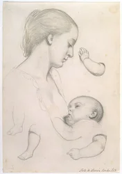 Maaltijd van een baby - Studie van een moeder en kind met aparte arm- en beenstudies van het kind