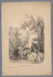 Gezelschap met een ezel voor een Italiaans bergdorp Studies van figuren in een landschap L