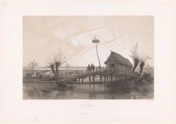 Moeraslandschap met koeien en figuren bij een huis met brug - Le Marais
