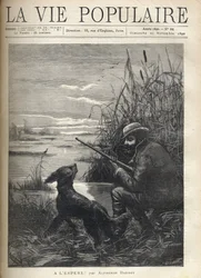 Een vogeljager kijkt in een moeras met zijn hond. Illustratie van F. Meaulle voor 