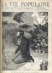 Een wanhopige man bidt op zijn knieën in een kas. Illustratie door F. Meaulle naar B. Borione voor 