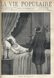 Een man overweldigd door verdriet, staand aan het bed van een dode vrouw. Op het nachtkastje brandt een kaars en staat een crucifix. Op de schoorsteenmantel een beker en een vrouwenbeeld in antieke kleding. Illustratie door Alfons Maria Mucha (Alphonse Mar