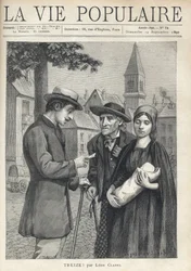 Een verpleegster die een nieuwe baby vasthoudt, vergezeld door haar vader, een oude boer, met een vastberaden blik, ontmoet een man van de bourgeoisie, die zorgvuldig een papier leest, op het plein van een provinciaal dorp. Illustratie door Rene Schutzenbe