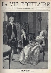 Een knappe blonde jongeman, ziet er slecht uit, heeft net zijn voorstel gedaan, ziet het meisje lachen, omgevallen op haar stoel, onder de verbaasde ogen van haar vader. Illustratie voor Puyjoli door Jules Claretie (1840-1913). Gravure door Fortune Meaulle