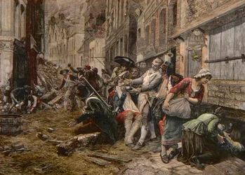 Een belegeringsepisode in Lille, oktober 1792 - Beleg van Lille in 1792: de pruik Maes gebruikt een bomhuls als baardschaal om een klant te scheren - gravure door Meaulle naar het schilderij van Gaston Melingue