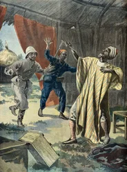 Poging tot zelfmoord van Samory Toure, gevangene van de Fransen in 1899 (gravure)