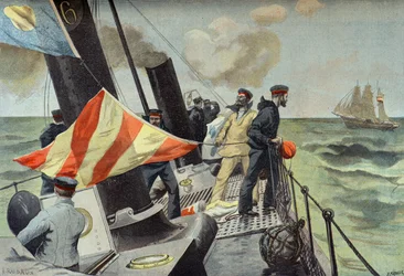 Kaping van een Spaans koopvaardijschip, Spaans-Amerikaanse oorlog in 1898 (Gravure)