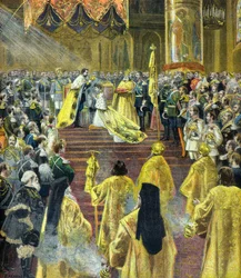 Ceremonie van de kroning van tsaar Nicolaas 2 in mei 1896 (gravure)
