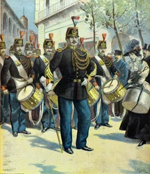 Optocht van muzikanten en de tamboer-majoor van de Republikeinse Garde, Parijs 1896 (Gravure)