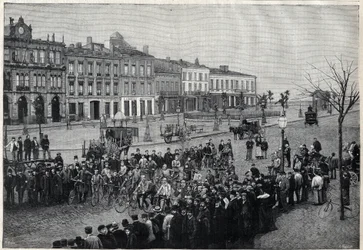Vertrek van de Bordeaux-Parijs (Bordeaux Parijs) wielerwedstrijd in 1891 - gravure door Meaulle van 1891