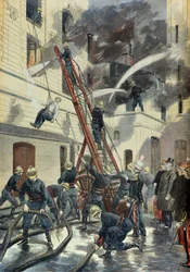 Felix Faure woont de training van de Parijse brandweer bij in 1898 (Gravure)