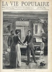 In een bourgeois salon, een man haast zich naar de gastvrouw en grijpt haar handen, terwijl hij zijn hoed op de grond laat vallen, onder de verbaasde blik van een andere man. Illustratie door Bernard Borione (1865-20e eeuw), voor de test door Guy