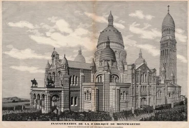 Inwijding van de Basiliek van het Heilig Hart in Montmartre in 1891 (verschijning van het monument zoals het zal zijn na volledige voltooiing) - Gravure door Meaulle in 1891