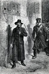 Javert achtervolgt Valjean, illustratie uit «Les Misérables» van Victor Hugo, uitgegeven door J. Hetzel, 1865