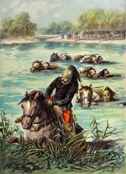 Het 7e regiment dragonders zwemt langs de golven naast hun paarden.