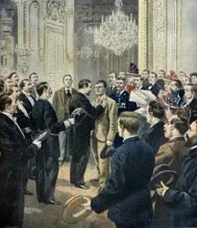 Louis Barthou versiert koetsier Georges, redder van de bazar de la charite, 1897 (Gravure)