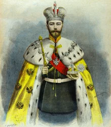 Portret van tsaar Nicolaas 2 in kroningskostuum in mei 1896 (gravure)