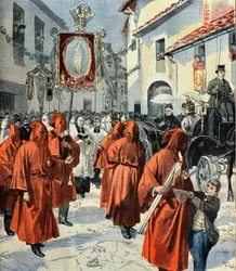 Koningin Victoria woont de processie van de rode boetelingen bij, Nice