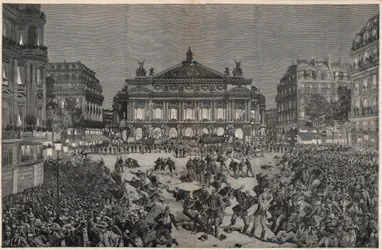 Rellen in Parijs tegen de opvoering van Richard Wagners «Lohengrin» in het Palais Garnier, 1891 - Patriottische demonstratie, Place de l