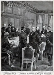 De raad van de Nationale Orde van het Legioen van Eer tijdens de Dreyfus-affaire, gravure door F. Meaulle naar Garrey. 