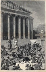Algemeen kiesrecht en de Republiek verdrijven kooplieden uit de Tempel - allegorie over de nasleep van de Panama-affaire - Gravure door Meaulle door Henri Meyer