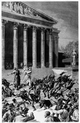 Algemeen kiesrecht en de Republiek verdrijven kooplieden uit de tempel - in "Le Journal illustré" van 25/12/1892, compositie door Henri Meyer, gravure door Meaulle.