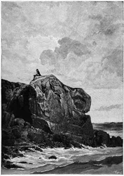 Victor Hugo in ballingschap op Jersey in 1855, op de Proscriit-rots. Gravure door Louis Fortune Meaulle.