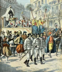 optocht door de straten van parijs door de mi - careme cortege in 1897 (gravure)