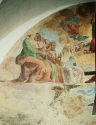 Het Laatste Oordeel, detail met de Maagd en Apostelen rechts van Christus