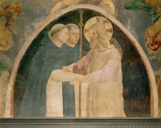 Christus als pelgrim ontvangen door twee Dominicaanse monniken