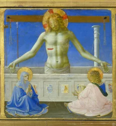Christus staand in zijn graf (Verrijzenis) - onderste deel (predella) van de "Kroning van de Maagd", met Christus bij het graf en zes episodes uit het leven van de heilige Dominicus, stichter van de orde waartoe Fra Angelico behoorde