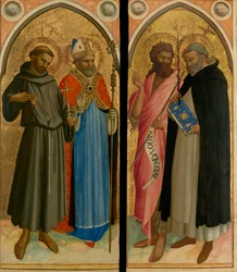 Sint Franciscus en een bisschop, Sint Johannes de Doper en Sint Dominicus, eind jaren 1420 (tempera en bladgoud op paneel)