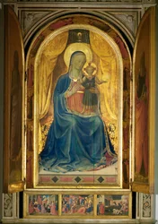 Maria en kind, omringd door musicerende engelen Op de predella: preek van Petrus, Aanbidding der Koningen (schilderij op hout)