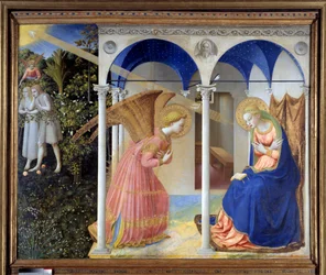De Aankondiging (op de achtergrond, Adam en Eva verdreven uit het Paradijs), c. 1445