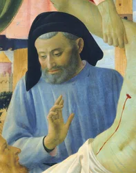 Architect Michelozzo, detail van De Kruisafneming of het Altaarstuk van de Heilige Drie-eenheid, circa 1432, door Giovanni da Fiesole bekend als Fra Angelico