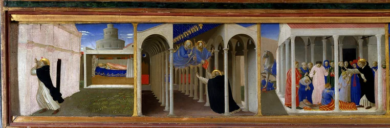 Van links naar rechts, St. Dominica (1170-1221) en Paus Innocentius III (1160-1216), verschijning van St. Petrus en St. Paulus aan Sint Dominica, en een scène van opstanding wonderbaarlijk uitgevoerd door de heilige (detail)